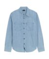 Light blue washed denim engineer shirt with two chest pockets and navy buttons, flat lay