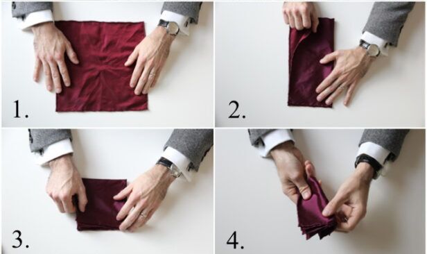 Burgundy silk pocket square folded in a four-step numbered sequence by hand, instructional flat lay
