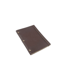 Chocolate brown leather notebook with brass screw posts and elastic closure