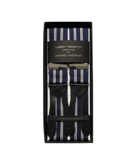 Navy and white striped suspenders with black leather ends, in a branded gift box