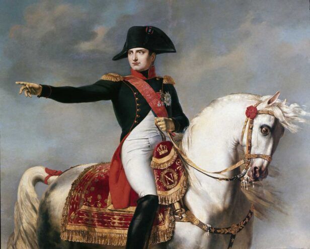 Dark green military coat with gold epaulettes, red sash and bicorne hat, an equestrian painting