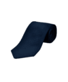 Navy blue grenadine garza grossa silk necktie, rolled flat lay on black