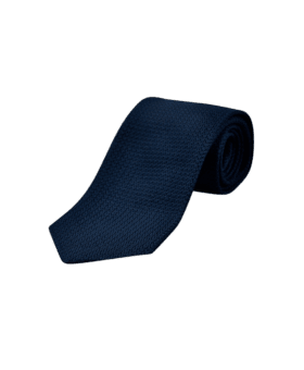Navy blue grenadine garza grossa silk necktie, rolled flat lay on black