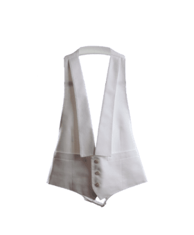 White cotton pique formal waistcoat with deep V front, shawl collar and three buttons, flat lay