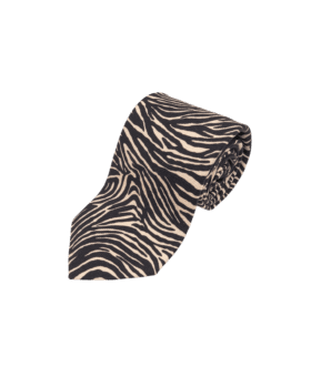 Black and ivory zebra print silk necktie, rolled flat lay