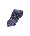 Navy and white geometric print silk necktie, rolled flat lay