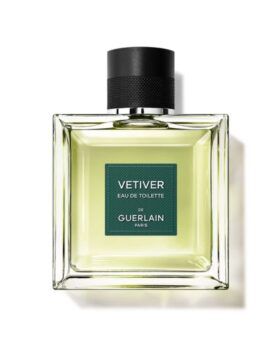 Vetiver eau de toilette in a square glass bottle with green label and black cap, product shot