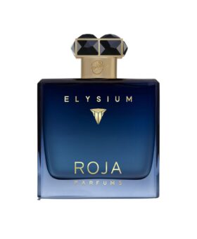 Elysium cologne in blue ombre glass bottle with gold lettering and faceted black cap, product shot