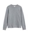 Light heather grey fleece crewneck sweatshirt with ribbed cuffs and hem, flat lay