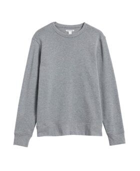 Light heather grey fleece crewneck sweatshirt with ribbed cuffs and hem, flat lay