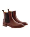 Brown leather Chelsea boots with elastic side gores and leather soles, flat lay pair