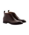 Dark brown leather cap toe lace-up ankle boots with leather sole, product shot