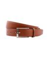 Tan smooth leather dress belt with silver rectangular buckle, coiled flat lay