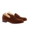 Chestnut brown suede penny loafers with leather soles and cedar shoe trees, product view