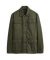 Olive green cotton safari jacket with four flap patch pockets and button front, flat lay