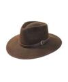 Dark brown wide brim wool felt fedora with leather band and brass buckle, product view