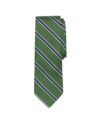 Green silk repp tie with navy and white stripes, flat lay