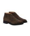 Brown suede chukka desert boots with black rubber soles, product shot of the pair