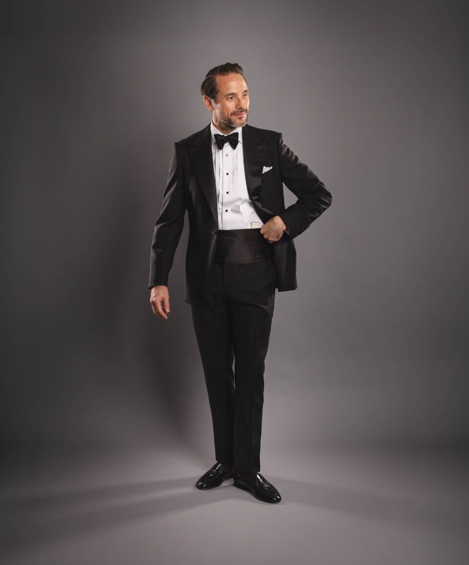 Model Wearing Black Wool Tuxedo – Sophisticated & Timeless Look