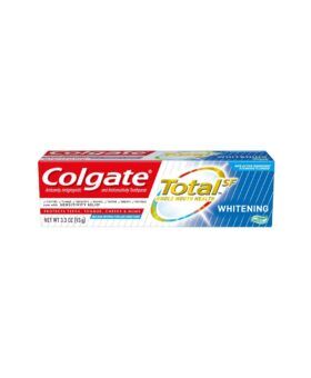 Colgate Total SF Whitening gel toothpaste in a red, white and blue 3.3 oz carton, packaging shot