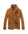 Tan suede zip-front jacket with stand collar, flap pockets and knit collar insert, flat lay