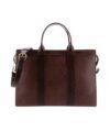 Brown shrunken grain leather zip-top briefcase with twin handles, shoulder strap and brass buckle, front view