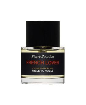 French Lover eau de parfum in a clear glass bottle with black label and cap, product shot