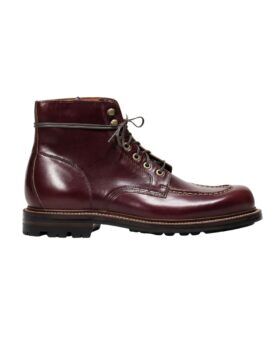 Burgundy leather moc-toe lace-up boot with lugged rubber sole, side product view