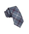 Grey brushed cotton necktie with burgundy and white tartan plaid, coiled flat lay