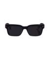Black rectangular acetate sunglasses with dark grey lenses and metal temple accents, front flat lay