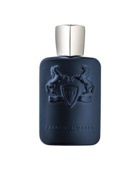Navy matte eau de parfum bottle with embossed horse crest and silver cap, product shot