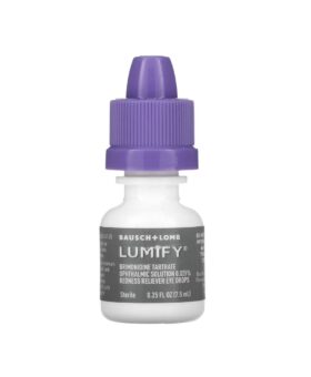 Redness reliever eye drops in a white bottle with purple cap, product shot