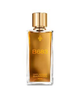 B683 eau de parfum in a rectangular glass bottle with amber liquid and gold cap, product shot