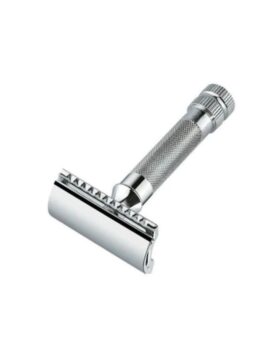Chrome double edge safety razor with knurled handle, product shot on white