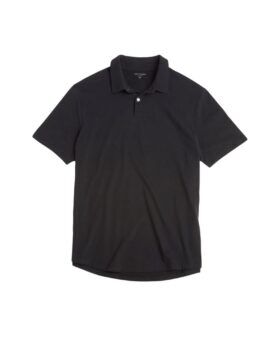 Black sueded jersey short-sleeve polo shirt with two-button placket, flat lay
