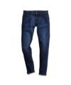 Dark blue slim-fit denim jeans with cuffed hems and copper stitching, flat lay