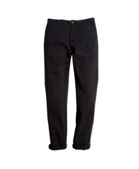 Black cotton twill chinos with cuffed hems and slanted side pockets, flat lay