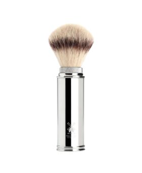 Travel shaving brush with chrome handle and silvertip fibre knot, product shot