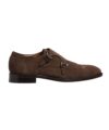 Brown suede double monk strap cap toe shoe with silver buckles, side product view