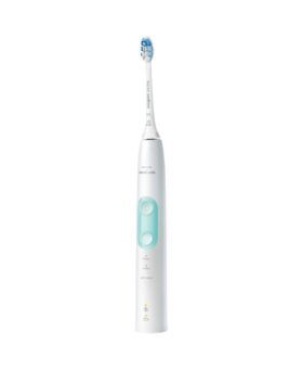White electric toothbrush with mint green control panel and blue-and-white bristle head, product shot
