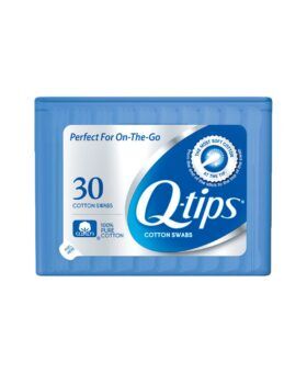 Blue travel-size pack of 30 cotton swabs, packaging shot