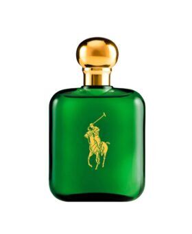 Green glass fragrance bottle with gold polo player logo and gold cap, product shot on white