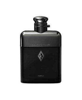 Ralph's Club parfum in a black flask-shaped bottle with gunmetal cap, product shot