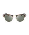 Tortoise and gold browline sunglasses with green lenses, front view flat lay