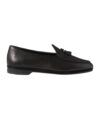 Black leather tasselled Belgian loafer with unlined slipper construction, side profile product shot