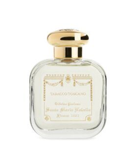 Tabacco Toscano eau de cologne in clear glass bottle with gold cap and cream label, product shot