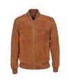 Tan suede bomber jacket with ribbed collar, cuffs and hem and zip front, flat lay