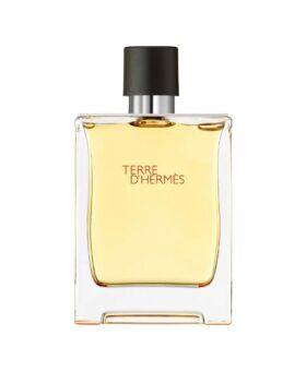 Terre d'Hermès eau de toilette in a rectangular glass bottle with black cap and amber fragrance, product shot