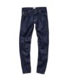 Indigo rinse selvedge denim slim-fit jeans with contrast tan stitching, flat lay