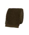 Olive green knitted silk tie with square end, rolled flat lay
